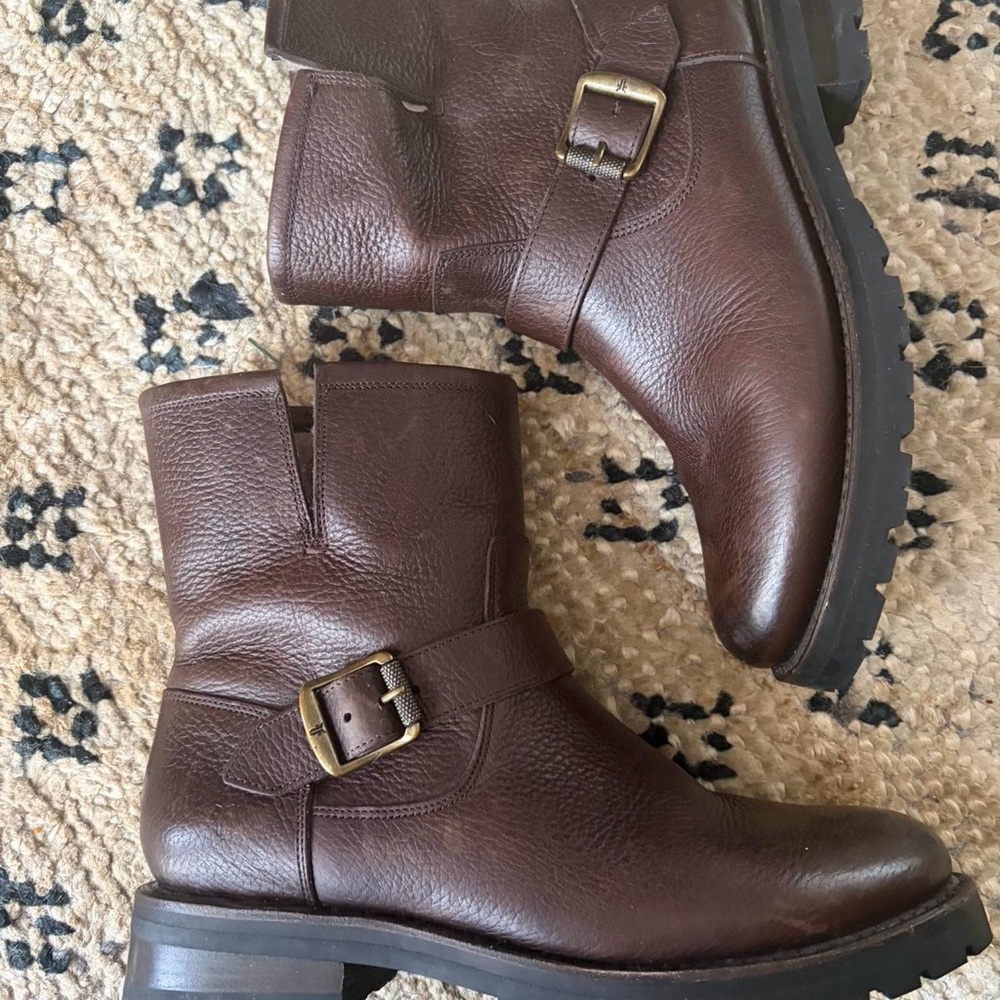 Frye Brown Leather shearling lined Moto Combat Boots with Brass Buckles